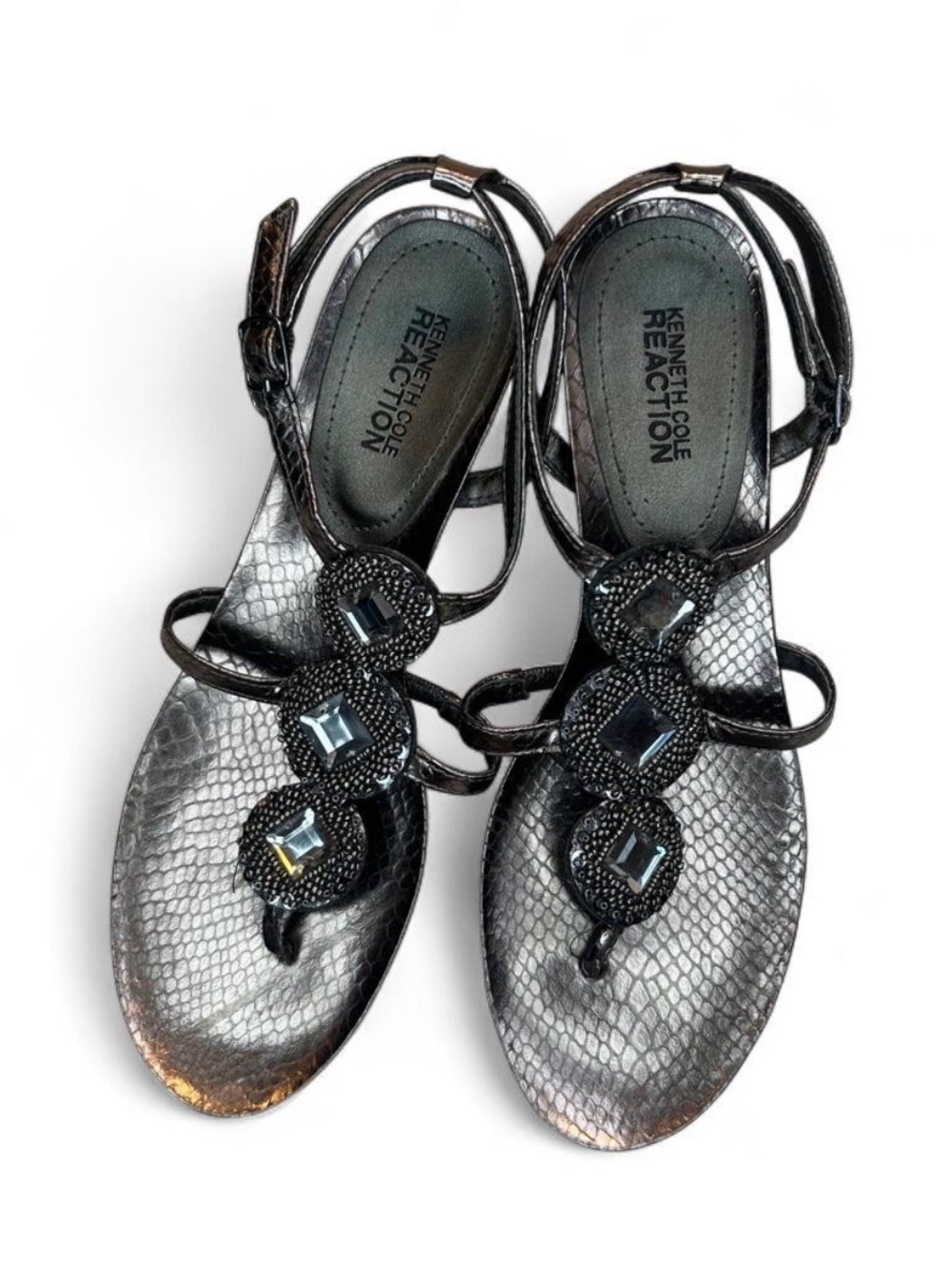 Kenneth Cole Reaction Metallic Black Jeweled T-Strap Sandals